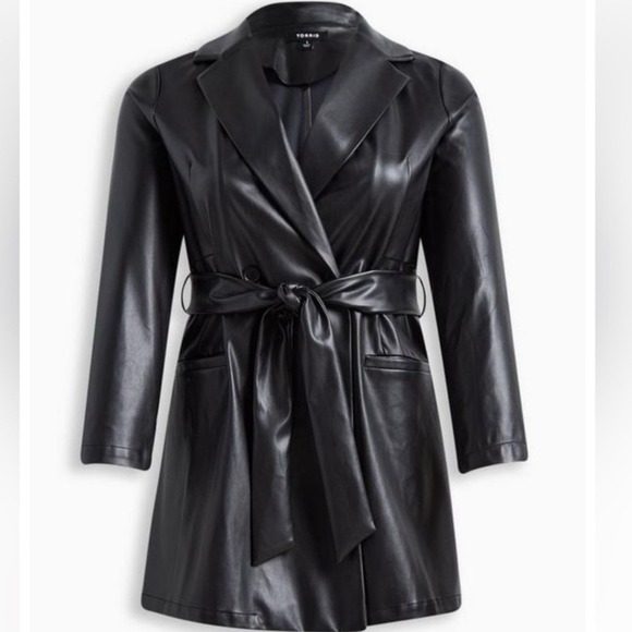 Torrid Faux Leather Belted Tie Waist Pea‎ Trench Coat Jacket Blazer Sz 2XL NWT - Picture 1 of 8